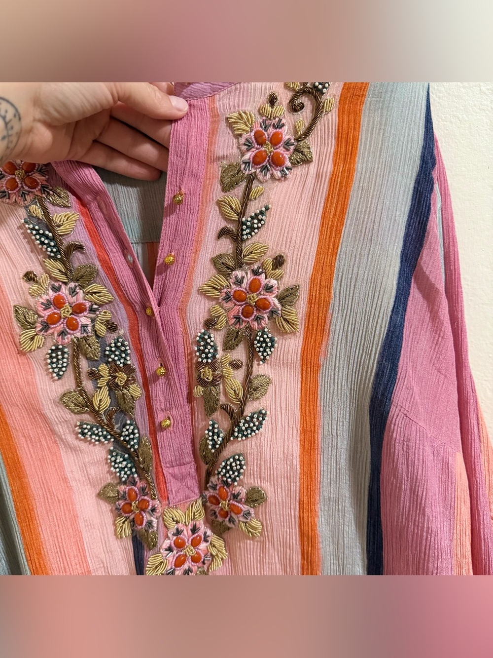 Soft Surroundings Aruba Striped Embroidered Gauze Caftan Maxi Dress M NWT - Picture 7 of 15
